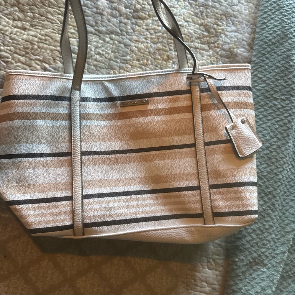 Dana Buchman Chic Neutral Striped Tote Bag with Matching Charm